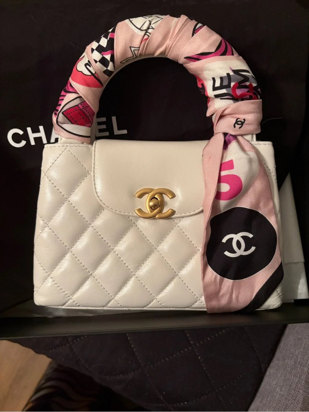 CHANEL White Quilted Top-Handle Bag with Pink Scarf Accent